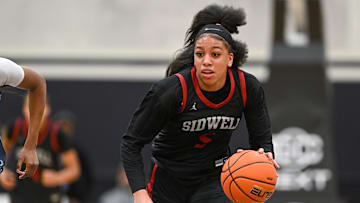 Apr 7, 2023; Washington, DC, USA; Sidwell Friends (DC) guard Jordyn Jackson (5) dribbles the ball during the first quarter against Centennial (NV) at Georgetown University. Mandatory Credit: Reggie Hildred-Imagn Images