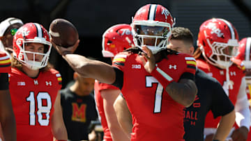 Aug 30, 2025; College Park, Maryland, USA; Maryland Terrapins quarterback Malik Washington (7) throws before a game against the Florida Atlantic Owls at SECU Stadium. Mandatory Credit: Daniel Kucin Jr.-Imagn Images