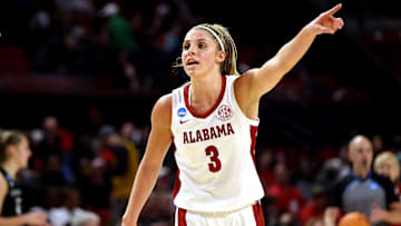 Mar 22, 2025; College Park, Maryland, USA; Alabama Crimson Tide guard Sarah Ashlee Barker (3) signals a call during the second half against the Green Bay Phoenix at Xfinity Center.