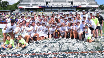 May 26, 2024; Cary, NC, USA;  The Boston College Eagles pose with the national championship trophy after defeating the Northwestern Wildcats in the Div. I NCAA women’s lacrosse national championship at WakeMed Soccer Park. Mandatory Credit: Jeffrey Camarati-USA TODAY Sports