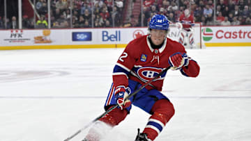 Apr 8, 2025; Montreal, Quebec, CAN; Montreal Canadiens forward Patrik Laine (92) puts on the brakes during the second period of the game against the Detroit Red Wings at the Bell Centre. Mandatory Credit: Eric Bolte-Imagn Images