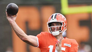Jul 28, 2025; Berea, OH, USA; Cleveland Browns quarterback Joe Flacco (15) throws a pass during training camp at CrossCountry Mortgage Campus. Mandatory Credit: Ken Blaze-Imagn Images