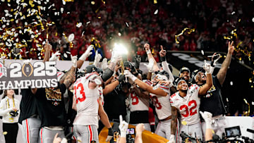 Ohio State Buckeyes celebrate their 34-23 win over Notre Dame Fighting Irish to win the College Football Playoff National Championship at Mercedes-Benz Stadium in Atlanta on January 20, 2025.