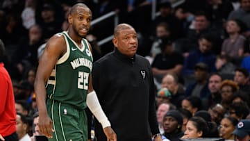 Apr 2, 2024; Washington, District of Columbia, USA; Milwaukee Bucks forward Khris Middleton (22) and head coach Doc Rivers look on during the second quarter against the Washington Wizards at Capital One Arena. Mandatory Credit: Reggie Hildred-Imagn Images