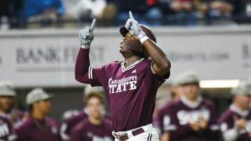 Mississippi State outfielder Dakota Jordan (42) hits a two run home run against Ole Miss in the 6th inning at Swayze Field in Oxford, Miss., on Friday, Apr. 12, 2024.