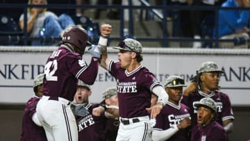 Mississippi State outfielder Dakota Jordan (42) hits a two run home run against Ole Miss in the 6th inning at Swayze Field in Oxford, Miss., on Friday, Apr. 12, 2024. Miss State beat Ole Miss 8-0.