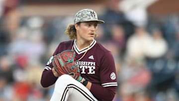 Mississippi State pitcher Khal Stephen (14) pitches against Ole Miss at Swayze Field in Oxford, Miss., on Friday, Apr. 12, 2024.