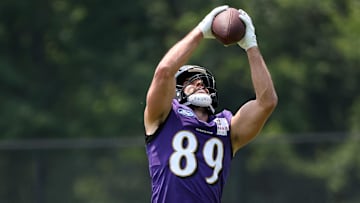 Jun 11, 2025; Baltimore, MD, USA; Baltimore Ravens tight end Mark Andrews (89) makes a catch during an NFL OTA at Under Armour Performance Center. Mandatory Credit: Daniel Kucin Jr.-Imagn Images