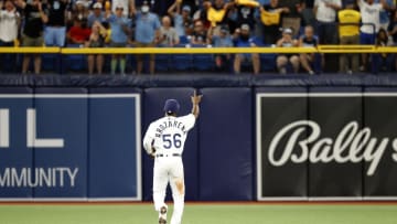 Oct 7, 2021; St. Petersburg, Florida, USA; Tampa Bay Rays right fielder Randy Arozarena (56) acknowledges fans after returning to the filed during the 6th inning of game one of the 2021 ALDS against the Boston Red Sox at Tropicana Field.