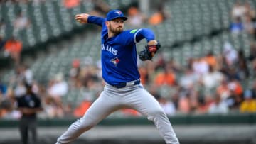 Toronto Blue Jays pitcher Zach Pop (56) throws against the Baltimore Orioles during the sixth inning at Oriole Park at Camden Yards on July 31.