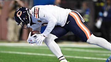 Nov 28, 2024; Detroit, Michigan, USA; Chicago Bears wide receiver Keenan Allen (13) catches a touchdown pass against the Detroit Lions in the third quarter at Ford Field.  