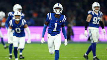 Nov 9, 2025; Berlin, GERMANY; Indianapolis Colts cornerback Sauce Gardner (1) reacts against the Atlanta Falcons during the Berlin Game at Olympic Stadium. 