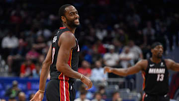 Mar 31, 2025; Washington, District of Columbia, USA; Miami Heat guard Alec Burks (18) reacts during the second quarter against the Washington Wizards at Capital One Arena. Mandatory Credit: Reggie Hildred-Imagn Images
