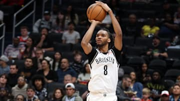 Mar 29, 2025; Washington, District of Columbia, USA; Brooklyn Nets forward Ziaire Williams (8) takes a shot during the first half against the Washington Wizards at Capital One Arena. Mandatory Credit: Daniel Kucin Jr.-Imagn Images