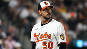 Apr 29, 2025; Baltimore, Maryland, USA; Baltimore Orioles pitcher Charlie Morton (50) walks off of the field during the fifth inning against the New York Yankees at Oriole Park at Camden Yards.