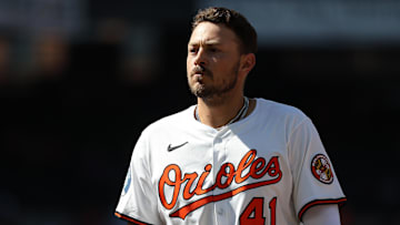 Aug 10, 2025; Baltimore, Maryland, USA; Baltimore Orioles first baseman Ryan Noda (41) looks on during the ninth inning against the Athletics at Oriole Park at Camden Yards. Mandatory Credit: Daniel Kucin Jr.-Imagn Images