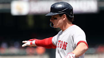 Aug 28, 2025; Baltimore, Maryland, USA; Boston Red Sox outfielder Roman Anthony (19) celebrates after hitting a single during the first inning against the Baltimore Orioles at Oriole Park at Camden Yards. Mandatory Credit: Daniel Kucin Jr.-Imagn Images