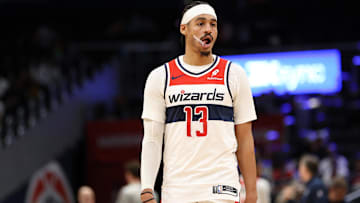 Mar 27, 2025; Washington, District of Columbia, USA; Washington Wizards guard Jordan Poole (13) looks on during the first half against the Indiana Pacers at Capital One Arena. Mandatory Credit: Daniel Kucin Jr.-Imagn Images
