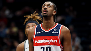 Mar 29, 2025; Washington, District of Columbia, USA; Washington Wizards forward Alex Sarr (20) looks on during the first half against the Brooklyn Nets at Capital One Arena. Mandatory Credit: Daniel Kucin Jr.-Imagn Images