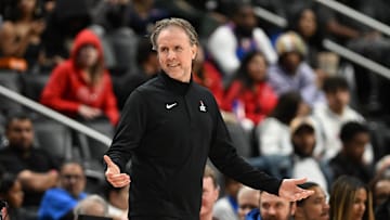 Oct 16, 2025; Detroit, Michigan, USA; Washington Wizards Head Coach Brian Keefe argues with officials during their game against the Detroit Pistons in the first quarter at Little Caesars Arena. Mandatory Credit: Lon Horwedel-Imagn Images