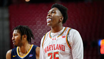 Nov 19, 2024; College Park, Maryland, USA; Maryland Terrapins center Derik Queen (25) looks on during the second half against the Canisius Golden Griffins at Xfinity Center. Mandatory Credit: Reggie Hildred-Imagn Images