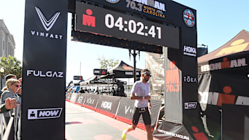 Joachim Philipps comes in 3rd place in the 2024 IRONMAN 70.3 North Carolina triathlon on Saturday, Oct. 19, 2024 in Wilmington, N.C. The course started in Wrightsville Beach and ended in downtown Wilmington at Water Street Park along Wilmington’s riverfront. KEN BLEVINS/STARNEWS