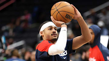 Mar 27, 2025; Washington, District of Columbia, USA; Washington Wizards guard Jordan Poole (13) takes a shot before a game against the Indiana Pacers at Capital One Arena. Mandatory Credit: Daniel Kucin Jr.-Imagn Images
