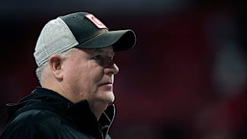 Ohio State offensive coordinator Chip Kelly watches warm ups before the start of the College Football Playoff National Championship at Mercedes-Benz Stadium in Atlanta on January 20, 2025.