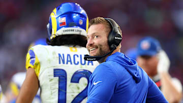 Dec 7, 2025; Glendale, Arizona, USA; Los Angeles Rams head coach Sean McVay reacts during the second half at State Farm Stadium. Mandatory Credit: Mark J. Rebilas-Imagn Images