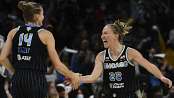 Allie Quigley and Courtney Vandersloot during a 2021 WNBA Finals game against the Phoenix Mercury.