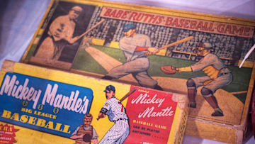 Board games, including the Babe Ruth and Mickey Mantle Baseball Games are seen at Vintage Indy Sports,