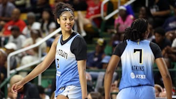 Chicago Sky forward Angel Reese looks on during the second half against the Washington Mystics at EagleBank Arena. 