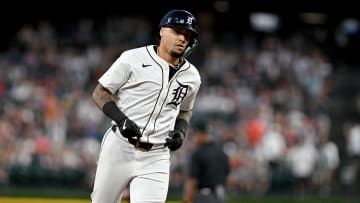 Aug 13, 2024; Detroit, Michigan, USA;  Detroit Tigers shortstop Javier Baez rounds the bases after hitting a home run.