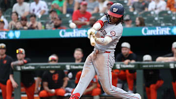 May 17, 2025; Baltimore, Maryland, USA; Washington Nationals shortstop CJ Abrams (5) takes a swing during the ninth inning against the Baltimore Orioles at Oriole Park at Camden Yards. 