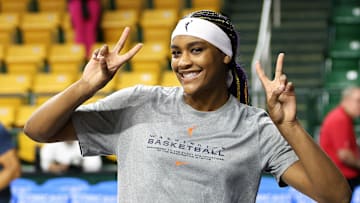 Jul 8, 2025; Fairfax, Virginia, USA; Washington Mystics forward Aaliyah Edwards (24) celebrates before a game against the Chicago Sky at EagleBank Arena. Mandatory Credit: Daniel Kucin Jr.-Imagn Images