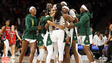 Aug 24, 2025; Washington, District of Columbia, USA; Seattle Storm players celebrate after a game against the Washington Mystics at CareFirst Arena. Mandatory Credit: Daniel Kucin Jr.-Imagn Images