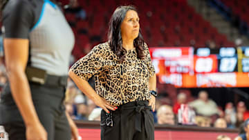 Nebraska coach Amy Williams watches her team in action against Mount Marty.