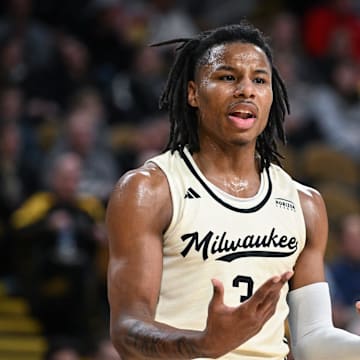 UW-Milwaukee forward Jamichael Stillwell (3) questions a would call in the second half of a Cream City Challenge game against Wofford on Saturday, November 23, 2024, at the UW-Milwaukee Panther Arena in Milwaukee, Wisconsin. UWM won, 76-74.