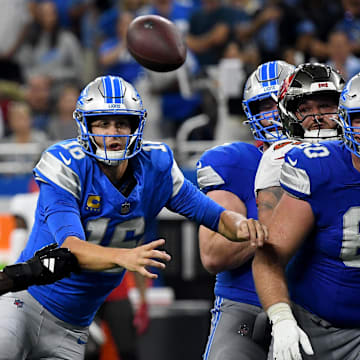 Sep 15, 2024; Detroit, Michigan, USA; Detroit Lions quarterback Jared Goff (16) throws a pass against the Tampa Bay Buccaneers in the fourth quarter at Ford Field. Mandatory Credit: Eamon Horwedel-Imagn Images