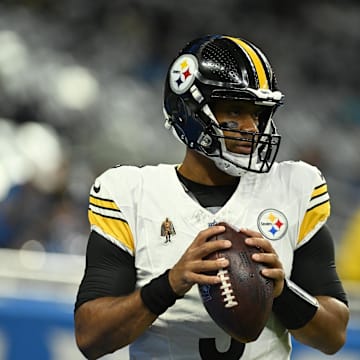 Aug 24, 2024; Detroit, Michigan, USA;  Pittsburgh Steelers quarterback Russell Wilson (3)) warms up before their game against the Detroit Lions at Ford Field. Mandatory Credit: Lon Horwedel-Imagn Images