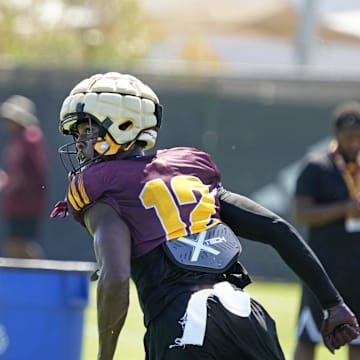Arizona State wide receiver Malik McClain (12) runs a drill during football practice at Kajikawa practice fields in Tempe on Aug 1, 2025.