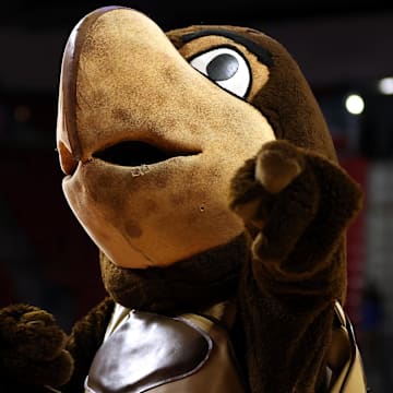 Mar 24, 2025; College Park, Maryland, USA; The Maryland Terrapins mascot performs during the first half against the Alabama Crimson Tide at Xfinity Center. Mandatory Credit: Daniel Kucin Jr.-Imagn Images