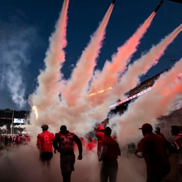 The Ohio State Buckeyes run through the team entrance tunnel as they take field for the NCAA football game against the Akron Zips game at Ohio Stadium in Columbus, Ohio Sept. 25.

Osu21akr Njg 027