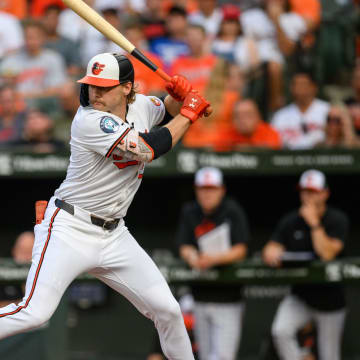 Baltimore Orioles shortstop Gunnar Henderson (2) at bat during the first inning against the Texas Rangers at Oriole Park at Camden Yards on June 30.