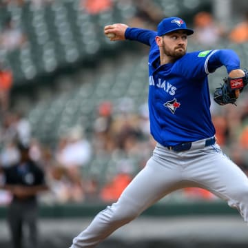 Toronto Blue Jays pitcher Zach Pop (56) throws against the Baltimore Orioles during the sixth inning at Oriole Park at Camden Yards on July 31.