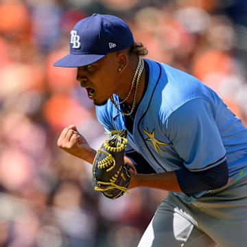 Tampa Bay Rays pitcher Edwin Uceta (63) celebrates after the final out in the game between the Baltimore Orioles and the Tampa Bay Rays at Oriole Park at Camden Yards on Sept 8.