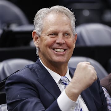 Dec 15, 2021; Salt Lake City, Utah, USA;  Danny Ainge watches pregame activities after he was Appointed Alternate Governor and CEO of Utah Jazz Basketball prior to their game against the LA Clippers at Vivint Arena. Mandatory Credit: Jeffrey Swinger-Imagn Images