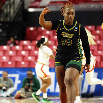 Mar 22, 2025; College Park, Maryland, USA; Norfolk State Spartans forward Kierra Wheeler (22) celebrates during the second half against the Maryland Terrapins at Xfinity Center. Mandatory Credit: Daniel Kucin Jr.-Imagn Images