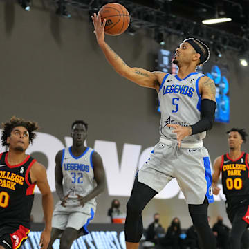 Dec 22, 2021; Las Vegas, NV, USA; Texas Legends guard Brandon Fields (5) makes a pass during the first quarter against the College Park Skyhawks at Mandalay Bay Convention Center. Mandatory Credit: Stephen R. Sylvanie-Imagn Images