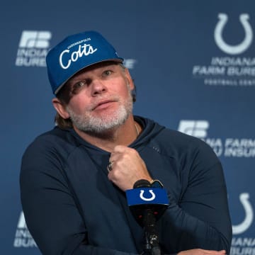 Indianapolis Colts General Manager Chris Ballard speaks to the media Thursday, Jan. 11, 2024 at the Indiana Farm Bureau Football Center, the Colts Complex.